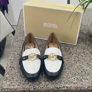 Michael Kors Black and White Loafers with Gold Accent
